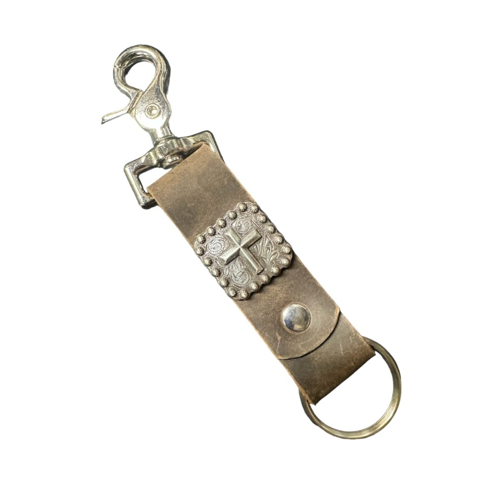 Trigger snap keychain Rustic Brown Leather 1” wide cross square silver toned